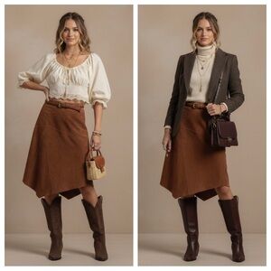 Cottagecore Suede Skirt Asymmetric Handkerchief Hem Vintage Brown